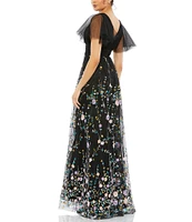 Mac Duggal Floral Embellished Illusion Short Butterfly Sleeve V-Neck Gown