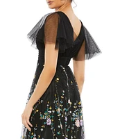 Mac Duggal Floral Embellished Illusion Short Butterfly Sleeve V-Neck Gown