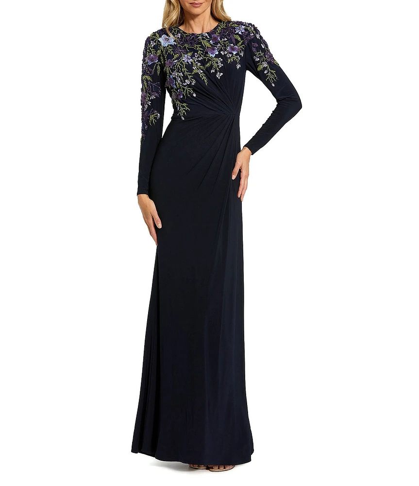 Mac Duggal Floral Embellished Knit Crew Neck Long Sleeve Gathered Side Gown