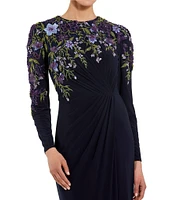 Mac Duggal Floral Embellished Knit Crew Neck Long Sleeve Gathered Side Gown