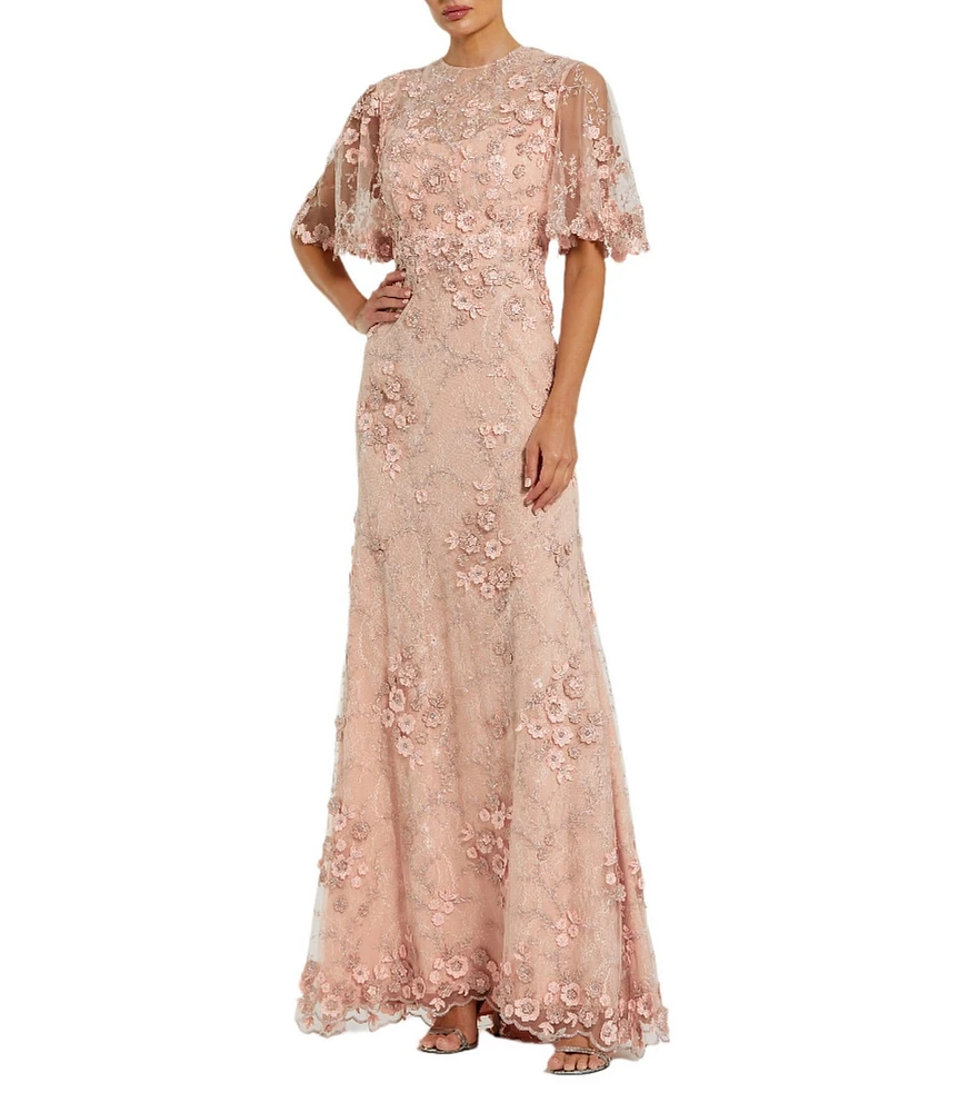 Mac Duggal Floral Embellished Net Crew Neck Short Flutter Sleeve Gown