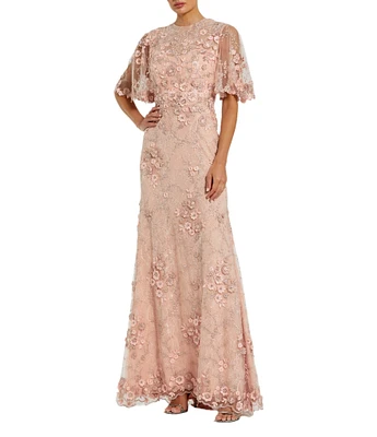 Mac Duggal Floral Embellished Net Crew Neck Short Flutter Sleeve Gown