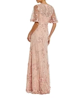 Mac Duggal Floral Embellished Net Crew Neck Short Flutter Sleeve Gown