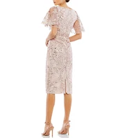 Mac Duggal Floral Embellished Mesh V-Neck Flutter Short Sleeve Sheath Dress