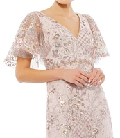 Mac Duggal Floral Embellished Mesh V-Neck Flutter Short Sleeve Sheath Dress