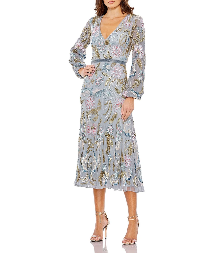 Mac Duggal Floral Embellished Mesh V-Neck Long Sleeve Midi Dress