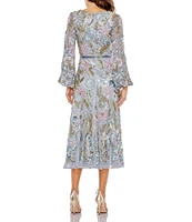 Mac Duggal Floral Embellished Mesh V-Neck Long Sleeve Midi Dress