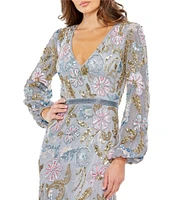 Mac Duggal Floral Embellished Mesh V-Neck Long Sleeve Midi Dress