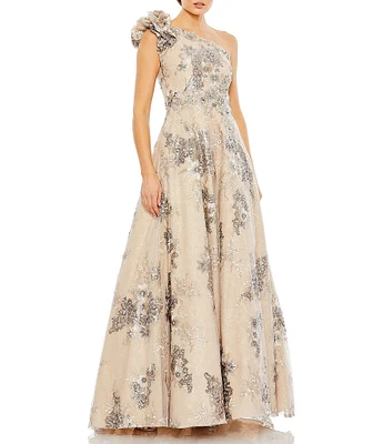 Mac Duggal Floral Embellished One Shoulder Neck Ruffle Beaded A-Line Gown