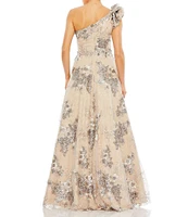 Mac Duggal Floral Embellished One Shoulder Neck Ruffle Beaded A-Line Gown