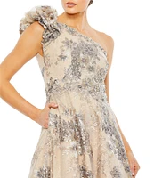 Mac Duggal Floral Embellished One Shoulder Neck Ruffle Beaded A-Line Gown