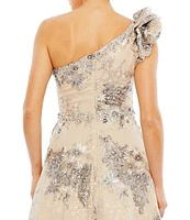 Mac Duggal Floral Embellished One Shoulder Neck Ruffle Beaded A-Line Gown