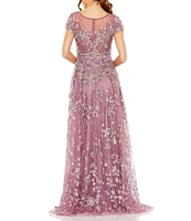 Mac Duggal Floral Embellished Round Neck Cap Sleeve A-Line Gown