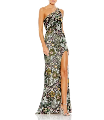 Mac Duggal Floral Embellished Sequin One Shoulder Sleeveless Open Back Sheath Gown