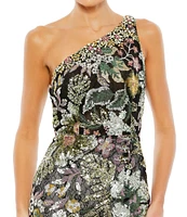 Mac Duggal Floral Embellished Sequin One Shoulder Sleeveless Open Back Sheath Gown