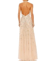 Mac Duggal Floral Embellishment Halter Plunge V-Neck Sleeveless Chiffon Gown