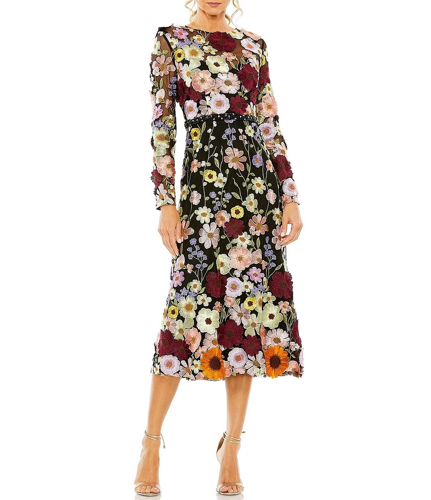 Mac Duggal Floral Embroidered Boat Neck Long Sleeve Midi Dress