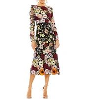 Mac Duggal Floral Embroidered Boat Neck Long Sleeve Midi Dress