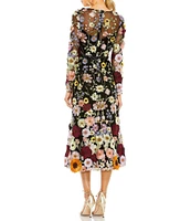 Mac Duggal Floral Embroidered Boat Neck Long Sleeve Midi Dress