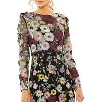 Mac Duggal Floral Embroidered Boat Neck Long Sleeve Midi Dress