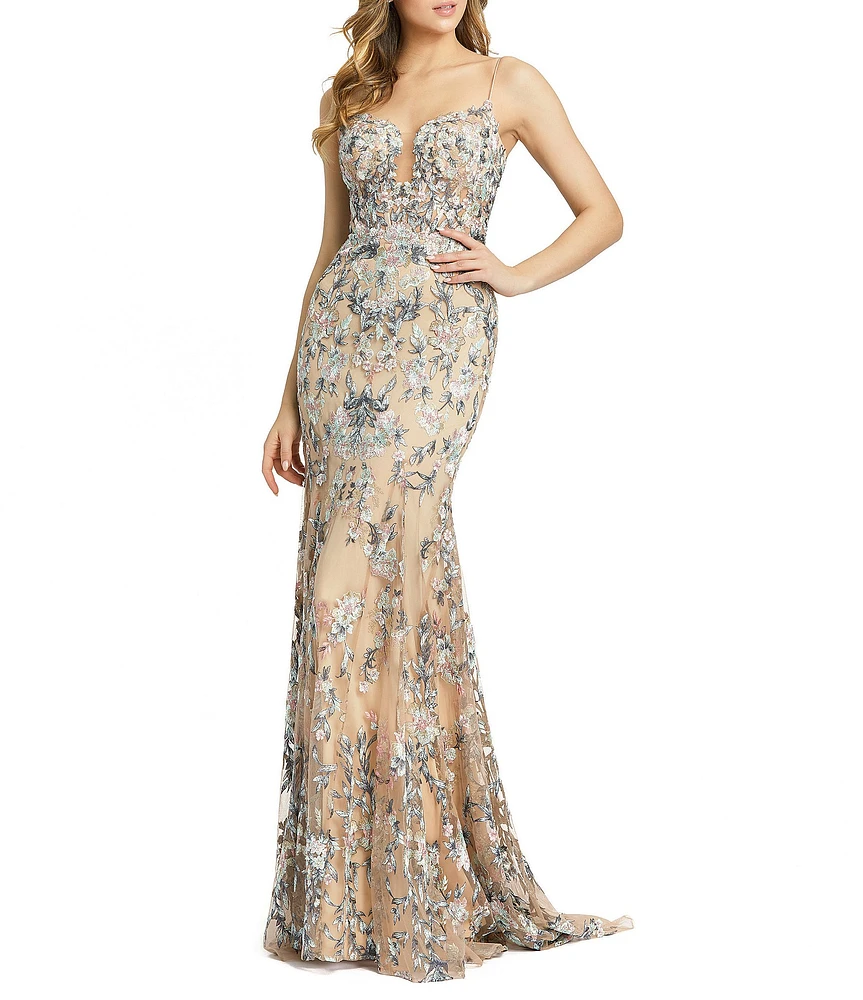 Mac Duggal Floral Embroidered Illusion Split Neck Sleeveless Trumpet Gown