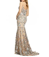 Mac Duggal Floral Embroidered Illusion Split Neck Sleeveless Trumpet Gown