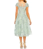 Mac Duggal Floral Embroidered Mesh Illusion Boat V-Neck Cap Sleeve Sequin Midi Fit and Flare Dress