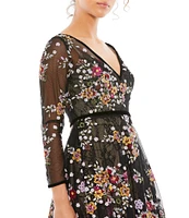 Mac Duggal Floral Embroidered Mesh Lace V-Neck 3/4 Sleeve Dress