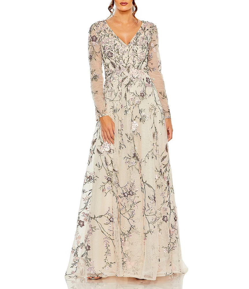 Mac Duggal Floral Embroidered Mesh Overlay V-Neck Illusion Long Sleeve A-Line Gown