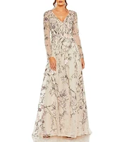 Mac Duggal Floral Embroidered Mesh Overlay V-Neck Illusion Long Sleeve A-Line Gown