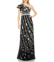 Mac Duggal Floral Embroidered One Shoulder Ruffle Sleeve Open Lace Up Back Gown