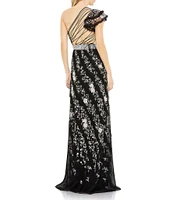 Mac Duggal Floral Embroidered One Shoulder Ruffle Sleeve Open Lace Up Back Gown