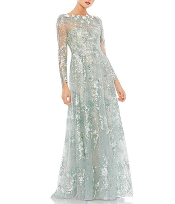 Mac Duggal Floral Embroidered Sequin Illusion Boat Neck Long Sleeve Gown