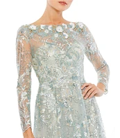 Mac Duggal Floral Embroidered Sequin Illusion Boat Neck Long Sleeve Gown