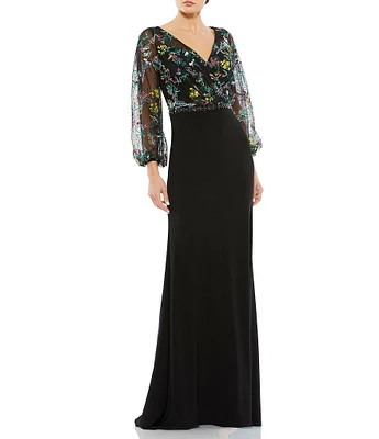 Mac Duggal Floral Embroidered Surplice V-Neck Long Puff Sleeve Gown