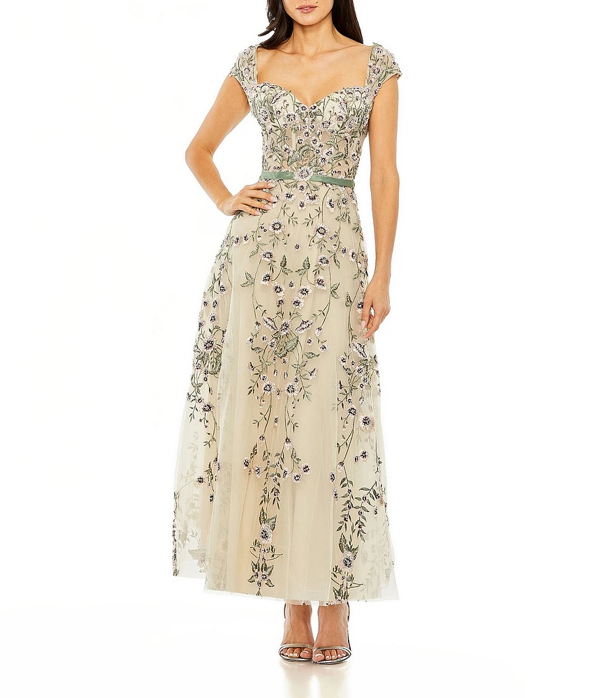 Mac Duggal Floral Embroidered Sweetheart Cap Sleeve Dress
