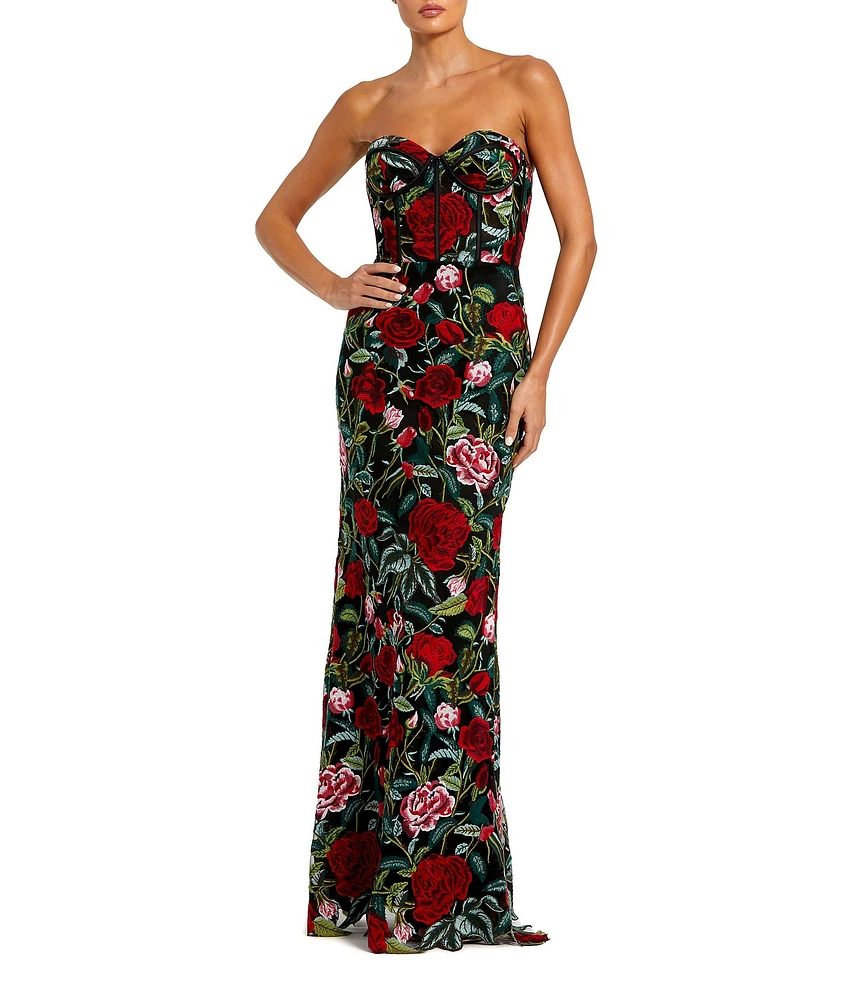 Mac Duggal Floral Embroidered Sweetheart Strapless Bustier Sleeveless Gown