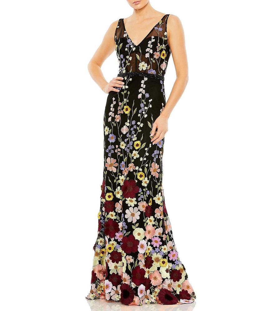 Mac Duggal Floral Embroidered Tulle Sleeveless V-Neck A-Line Gown