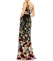 Mac Duggal Floral Embroidered Tulle Sleeveless V-Neck A-Line Gown