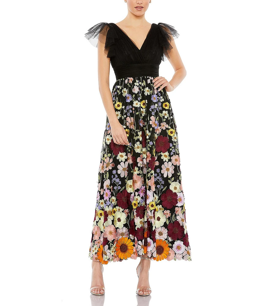 Mac Duggal Floral Embroidered V-Neck Cap Flutter Sleeve Dress