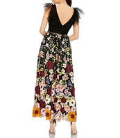 Mac Duggal Floral Embroidered V-Neck Cap Flutter Sleeve Dress