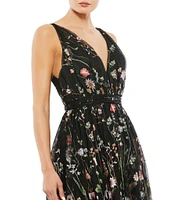 Mac Duggal Floral Embroidered V-Neck Sleeveless Sequin Midi Dress