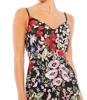 Mac Duggal Floral Embroidered Sweetheart Neck Spaghetti Strap Back Detail Mini Sheath Dress