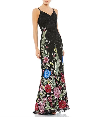 Mac Duggal Floral Print Fully Beaded V-Neck Sleeveless Sheath Gown