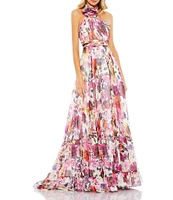 Mac Duggal Floral Halter Neck Rosette Sleeveless Gown