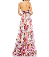 Mac Duggal Floral Halter Neck Rosette Sleeveless Gown