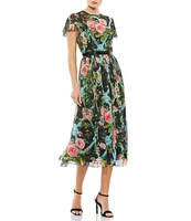 Mac Duggal Floral Print Illusion Short Flutter Sleeve Crew Neck Midi Dress