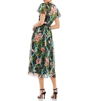 Mac Duggal Floral Print Illusion Short Flutter Sleeve Crew Neck Midi Dress