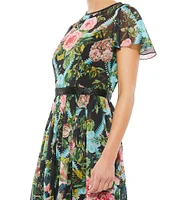 Mac Duggal Floral Print Illusion Short Flutter Sleeve Crew Neck Midi Dress