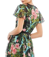 Mac Duggal Floral Print Illusion Short Flutter Sleeve Crew Neck Midi Dress